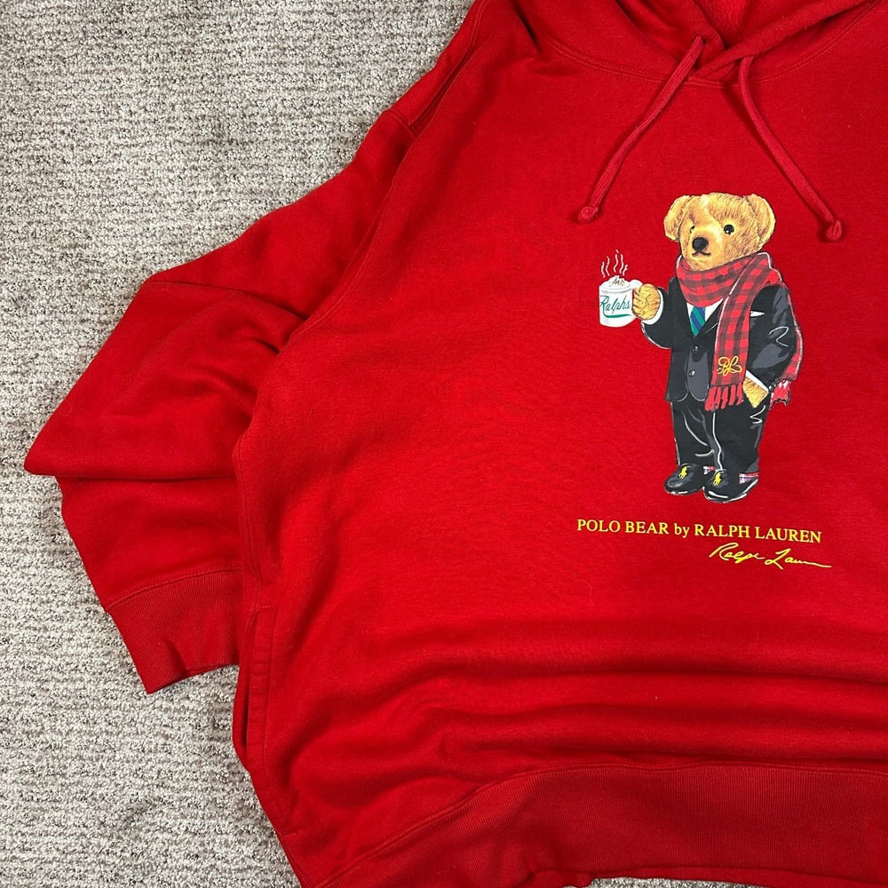 Polo Ralph Lauren Polo Bear Hoodie Mens XL Red Coffee Suit Graphic Sweatshirt - Picture 3 of 8